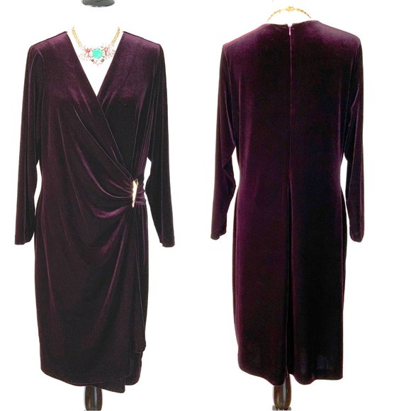 Calvin  Klein Velour Velvet Burgundy Wrap Long Sleeve Dress Sz 14W - Picture 2 of 16